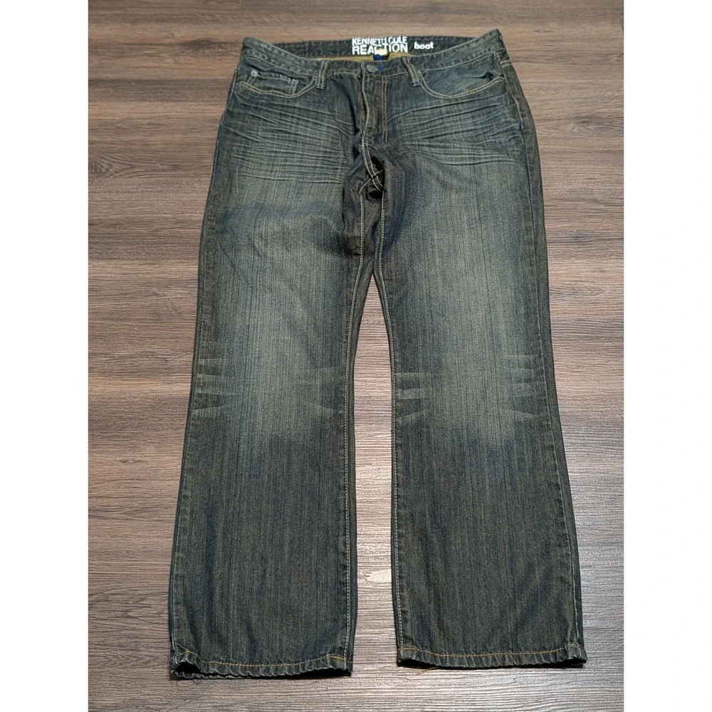 Kenneth Cole Reaction Mens 34x30 Bootcut Jeans Dark Wash Whiskered Y2K Grunge